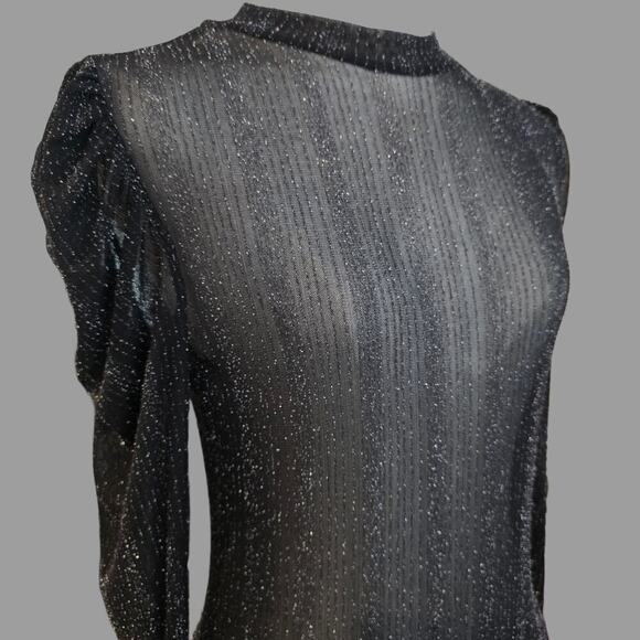 Shien Black Shimmery Puff Sleeve Mesh One Piece Bodysuit Sz Small - Picture 5 of 8